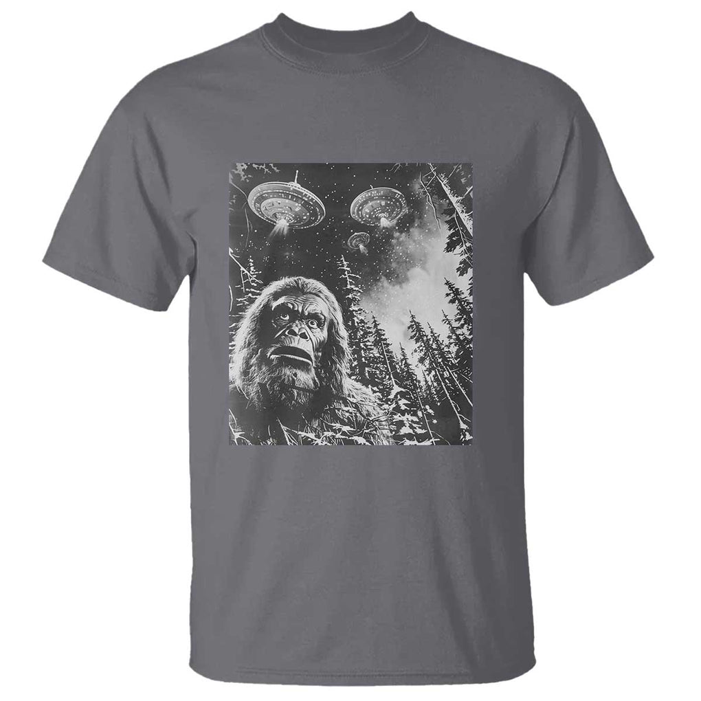 Funny Graphic Bigfoot Selfie with UFOs Weird T Shirt TS10 Charcoal Print Your Wear