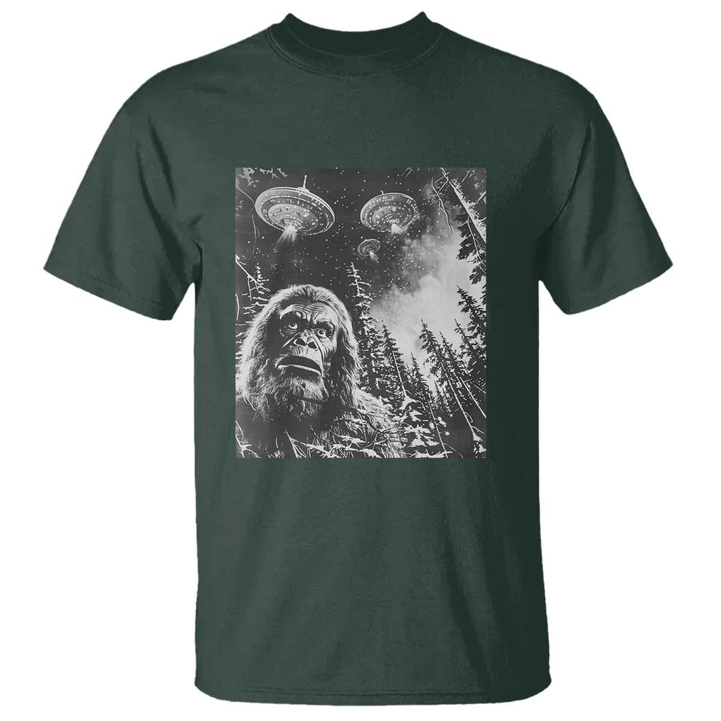 Funny Graphic Bigfoot Selfie with UFOs Weird T Shirt TS10 Dark Forest Green Print Your Wear
