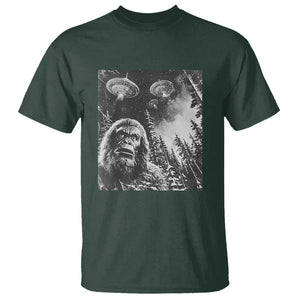 Funny Graphic Bigfoot Selfie with UFOs Weird T Shirt TS10 Dark Forest Green Print Your Wear