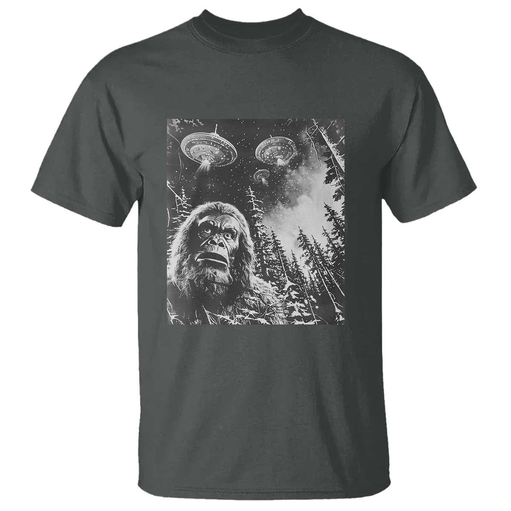 Funny Graphic Bigfoot Selfie with UFOs Weird T Shirt TS10 Dark Heather Print Your Wear
