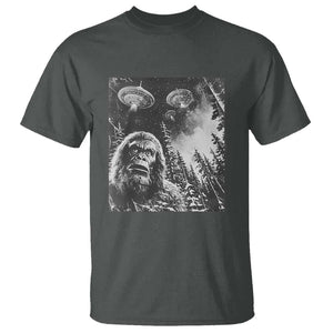 Funny Graphic Bigfoot Selfie with UFOs Weird T Shirt TS10 Dark Heather Print Your Wear