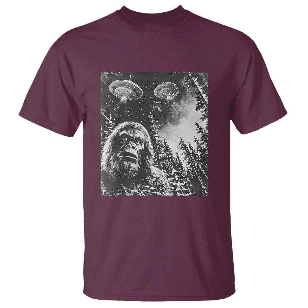 Funny Graphic Bigfoot Selfie with UFOs Weird T Shirt TS10 Maroon Print Your Wear