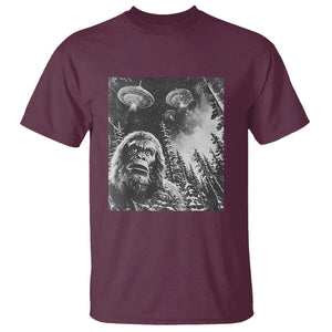 Funny Graphic Bigfoot Selfie with UFOs Weird T Shirt TS10 Maroon Print Your Wear