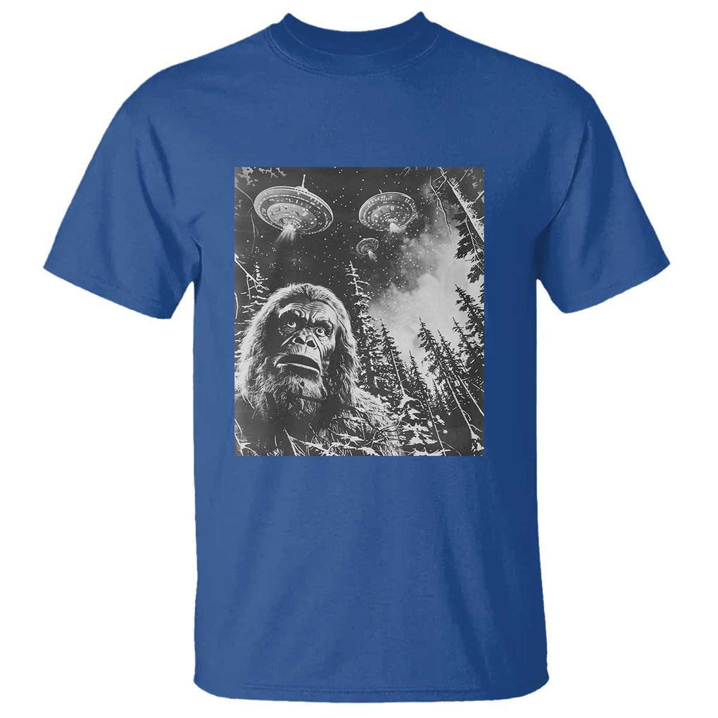 Funny Graphic Bigfoot Selfie with UFOs Weird T Shirt TS10 Royal Blue Print Your Wear