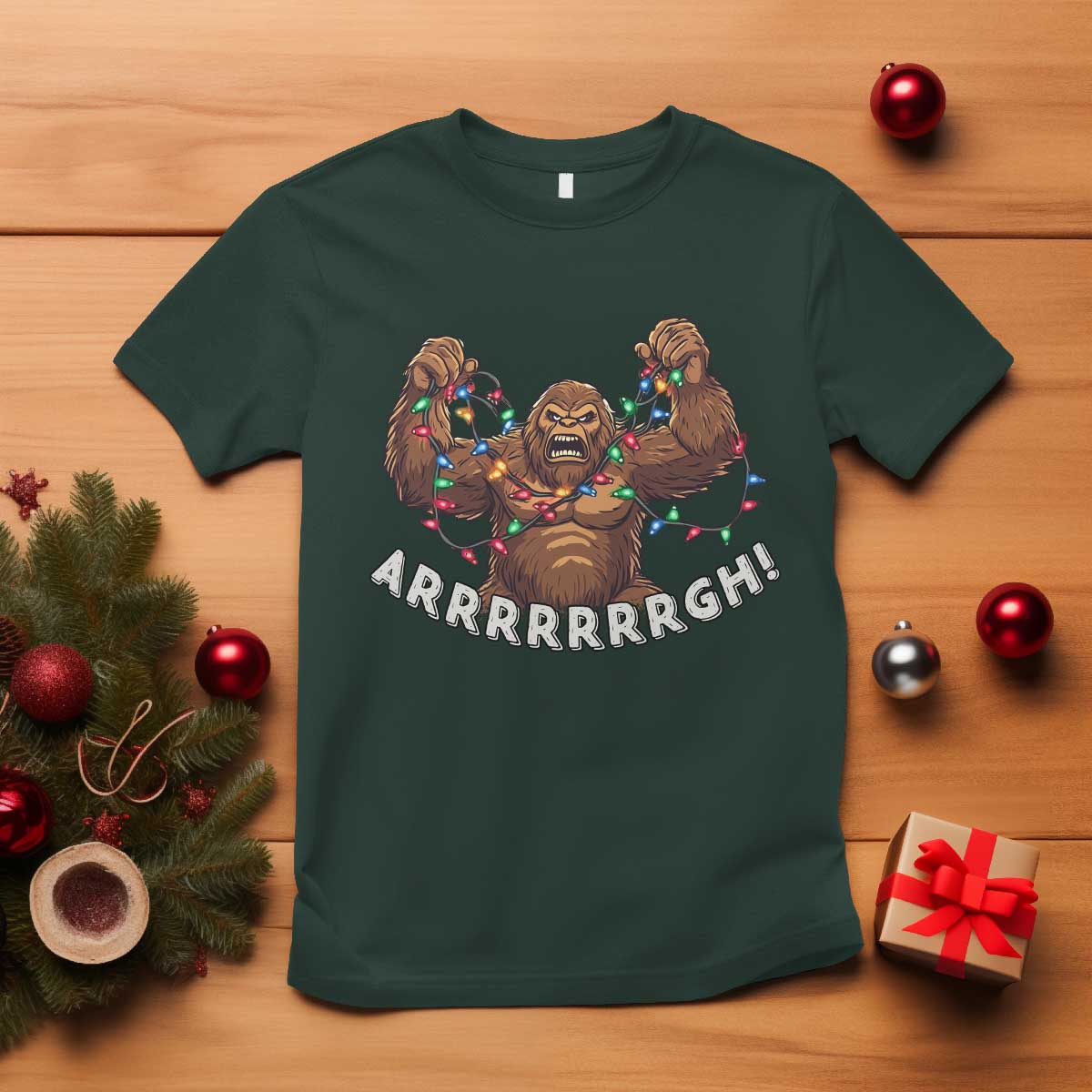 Bigfoot Christmas T Shirt Winter Yeti Sasquatch Loves Xmas Tree Lights TS10 Dark Forest Green Print Your Wear
