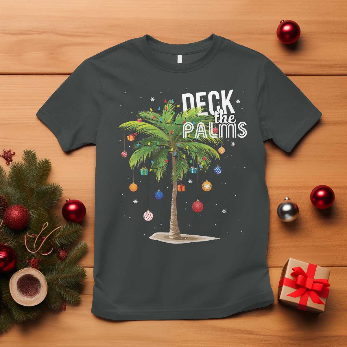 Hawaiian Christmas T Shirt Deck The Palms Christmas Palm Tree Beach Family Vacation TS10 Dark Heather Print Your Wear