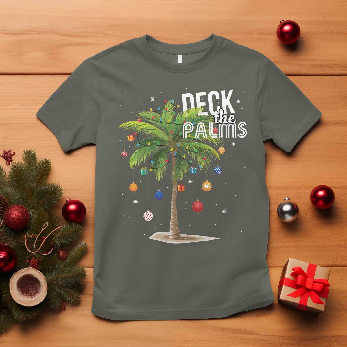Hawaiian Christmas T Shirt Deck The Palms Christmas Palm Tree Beach Family Vacation TS10 Military Green Print Your Wear