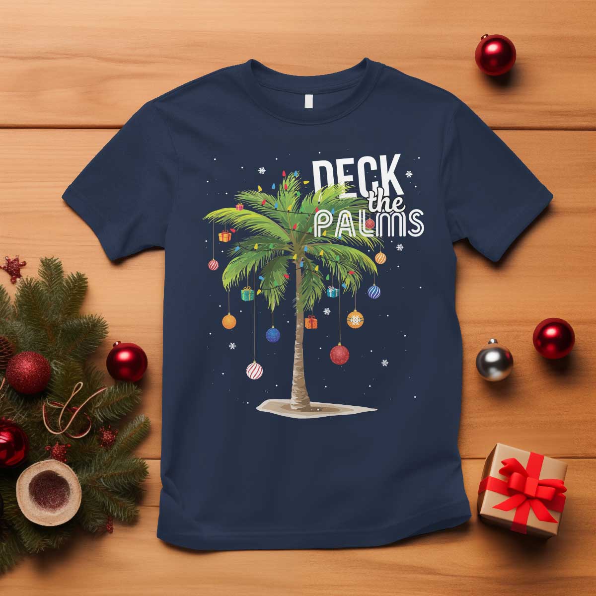 Hawaiian Christmas T Shirt Deck The Palms Christmas Palm Tree Beach Family Vacation TS10 Navy Print Your Wear