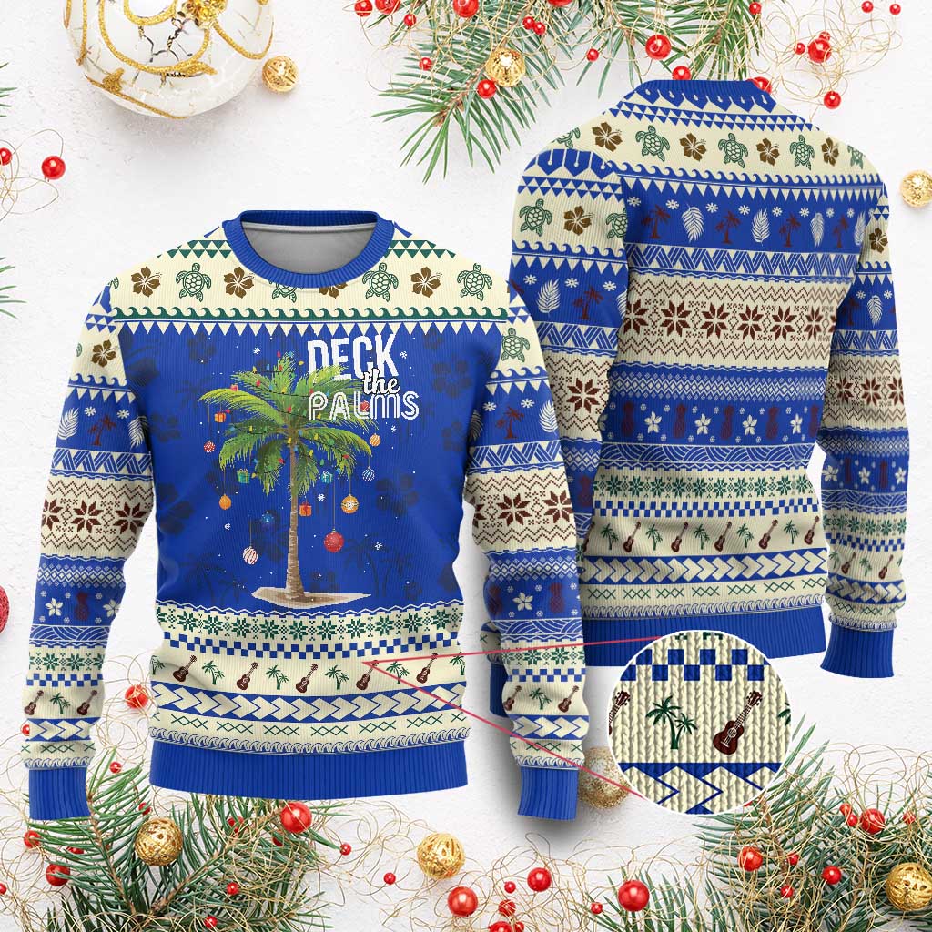Hawaiian Christmas Ugly Christmas Sweater Deck The Palms Christmas Palm Tree Beach Family Vacation TS10 Blue Print Your Wear