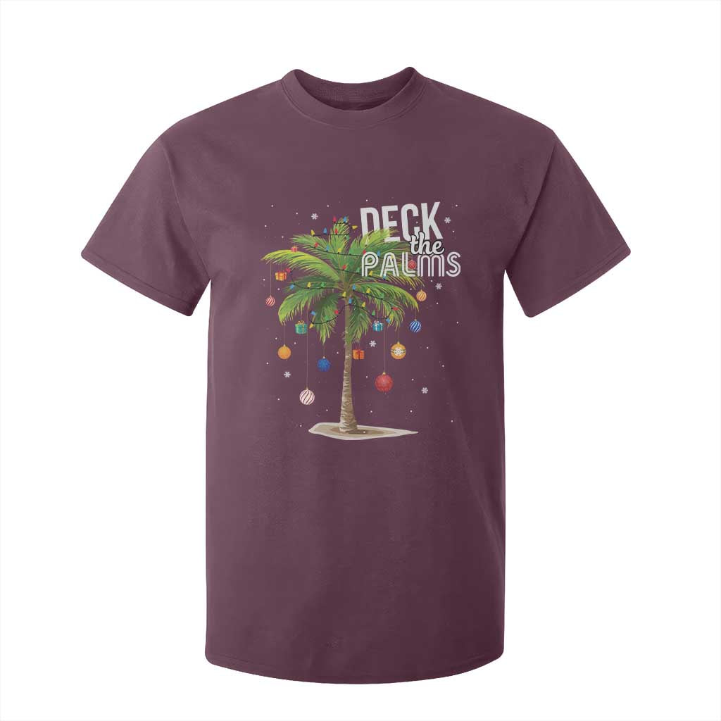 Hawaiian Christmas T Shirt For Kid Deck The Palms Christmas Palm Tree Beach Family Vacation TS10 Maroon Print Your Wear
