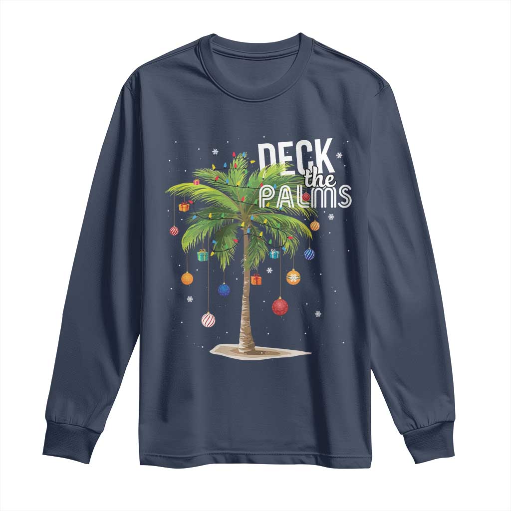 Hawaiian Christmas Long Sleeve Shirt Deck The Palms Christmas Palm Tree Beach Family Vacation TS10 Navy Print Your Wear