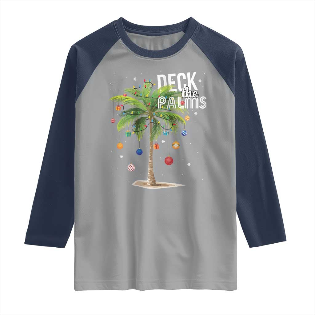 Hawaiian Christmas Raglan Shirt Deck The Palms Christmas Palm Tree Beach Family Vacation TS10 Sport Gray Navy Print Your Wear