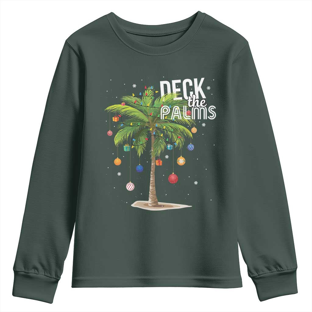 Hawaiian Christmas Youth Sweatshirt Deck The Palms Christmas Palm Tree Beach Family Vacation TS10 Dark Forest Green Print Your Wear