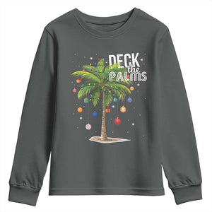 Hawaiian Christmas Youth Sweatshirt Deck The Palms Christmas Palm Tree Beach Family Vacation TS10 Dark Heather Print Your Wear