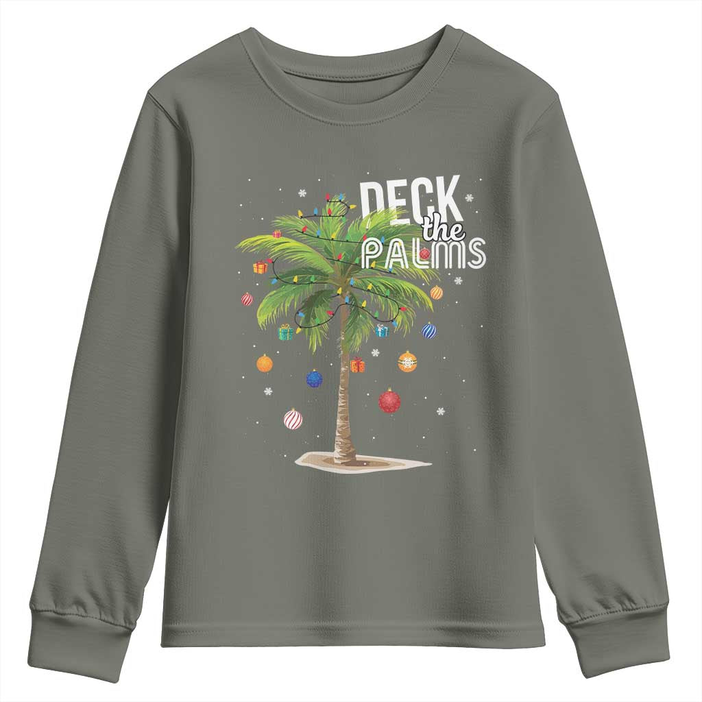 Hawaiian Christmas Youth Sweatshirt Deck The Palms Christmas Palm Tree Beach Family Vacation TS10 Military Green Print Your Wear