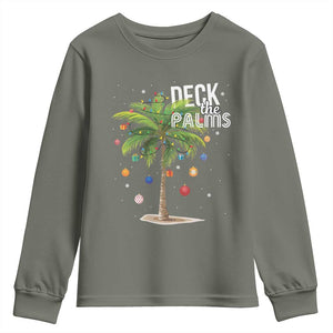Hawaiian Christmas Youth Sweatshirt Deck The Palms Christmas Palm Tree Beach Family Vacation TS10 Military Green Print Your Wear