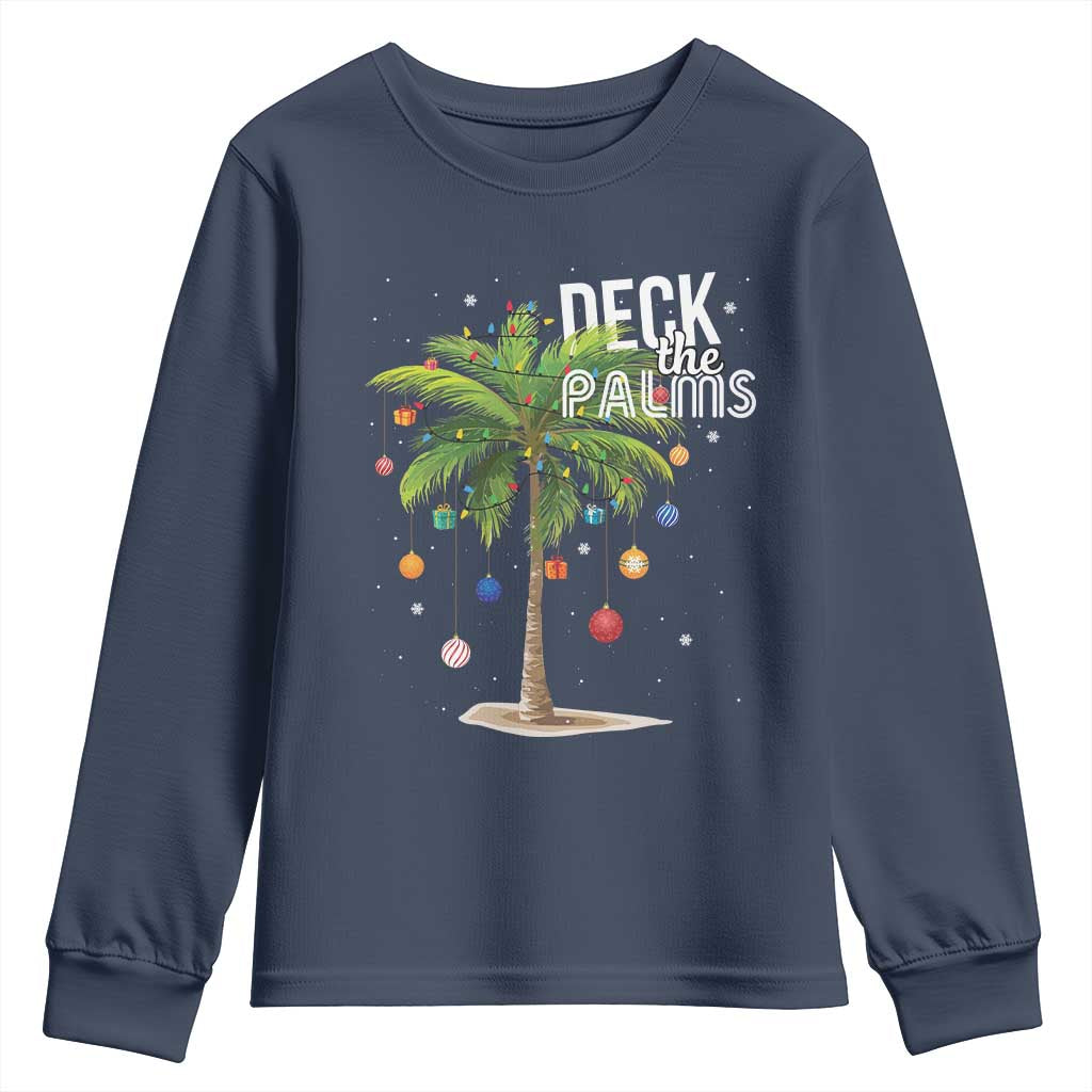 Hawaiian Christmas Youth Sweatshirt Deck The Palms Christmas Palm Tree Beach Family Vacation TS10 Navy Print Your Wear