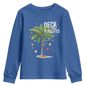 Hawaiian Christmas Youth Sweatshirt Deck The Palms Christmas Palm Tree Beach Family Vacation TS10 Royal Blue Print Your Wear