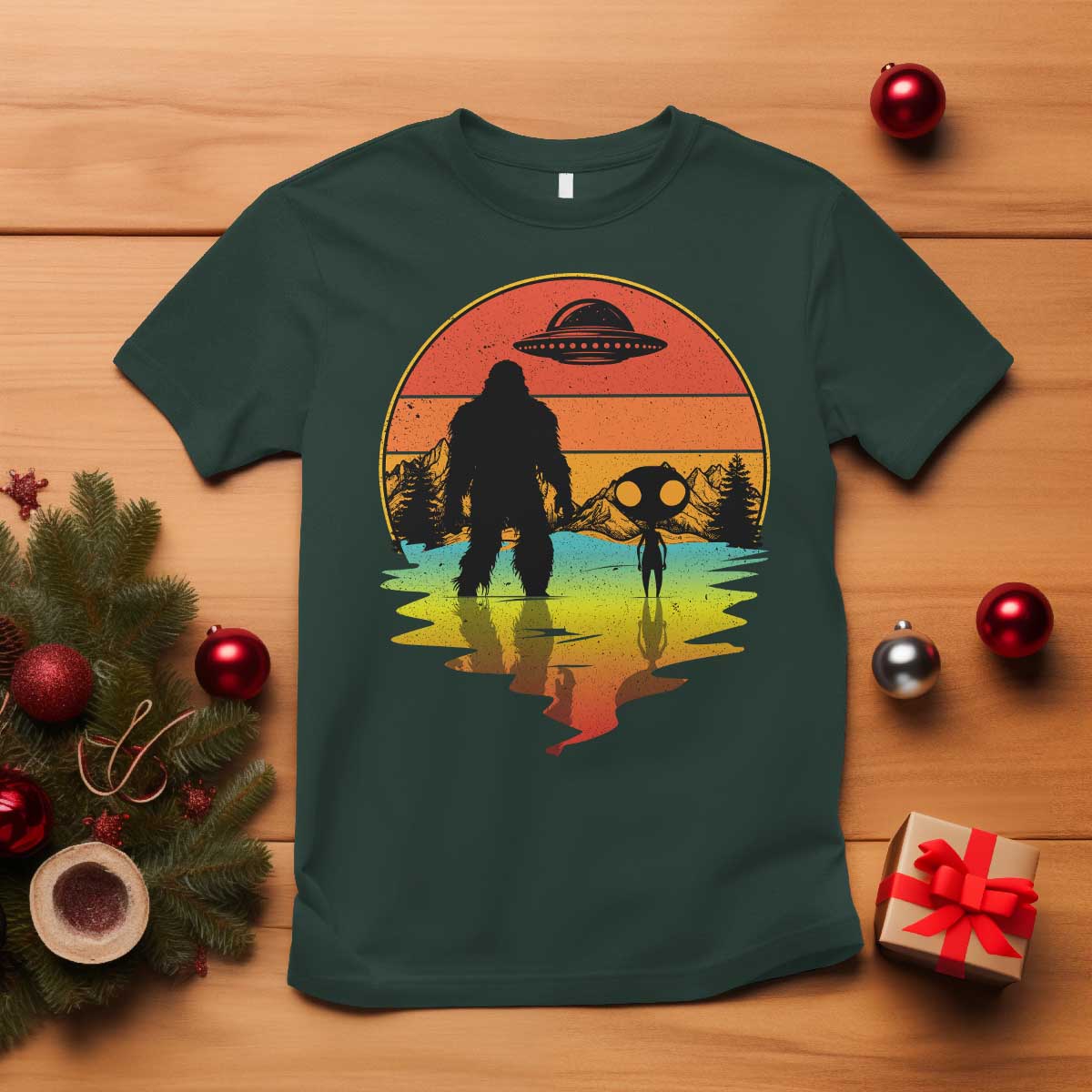 Funny Bigfoot Christmas T Shirt Believe Bigfoot Alien Santa Hat Sasquatch Loves TS10 Dark Forest Green Print Your Wear