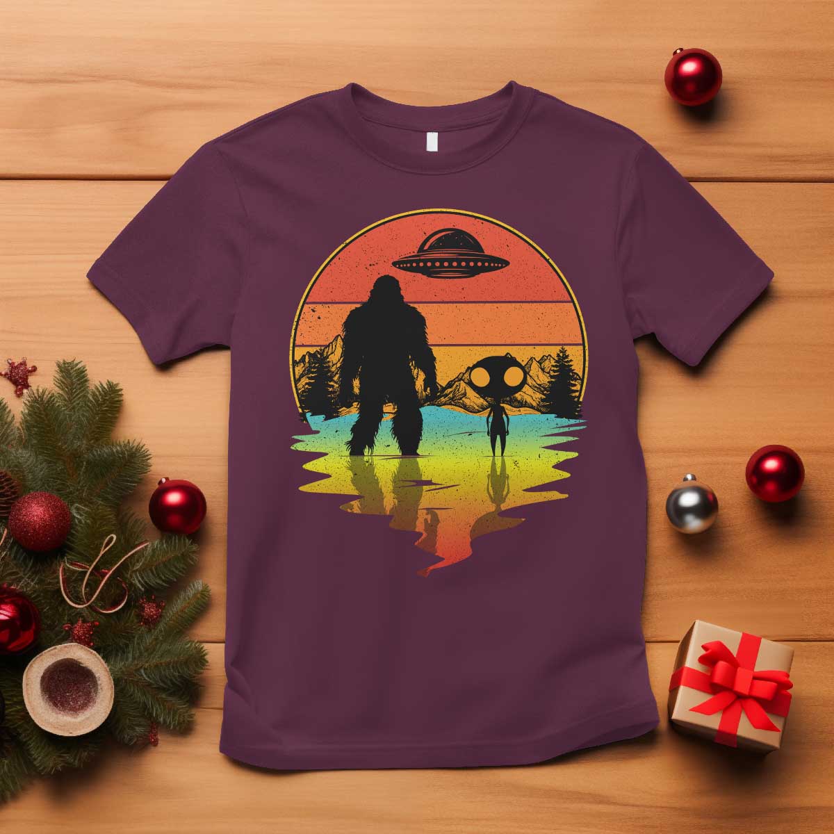 Funny Bigfoot Christmas T Shirt Believe Bigfoot Alien Santa Hat Sasquatch Loves TS10 Maroon Print Your Wear