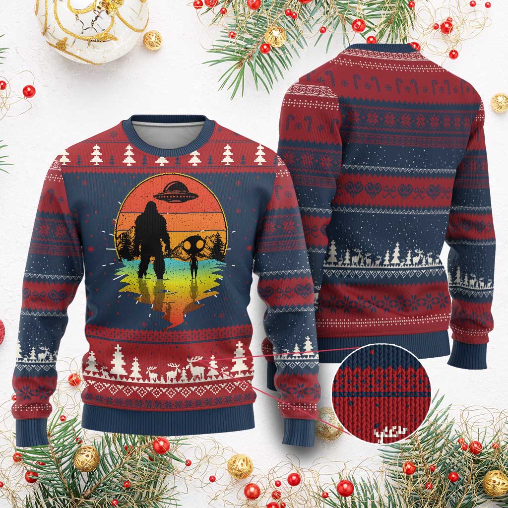 Funny Bigfoot Christmas Knit Sweatshirt Believe Bigfoot Alien Santa Hat Sasquatch Loves TS10 Burgundy Print Your Wear