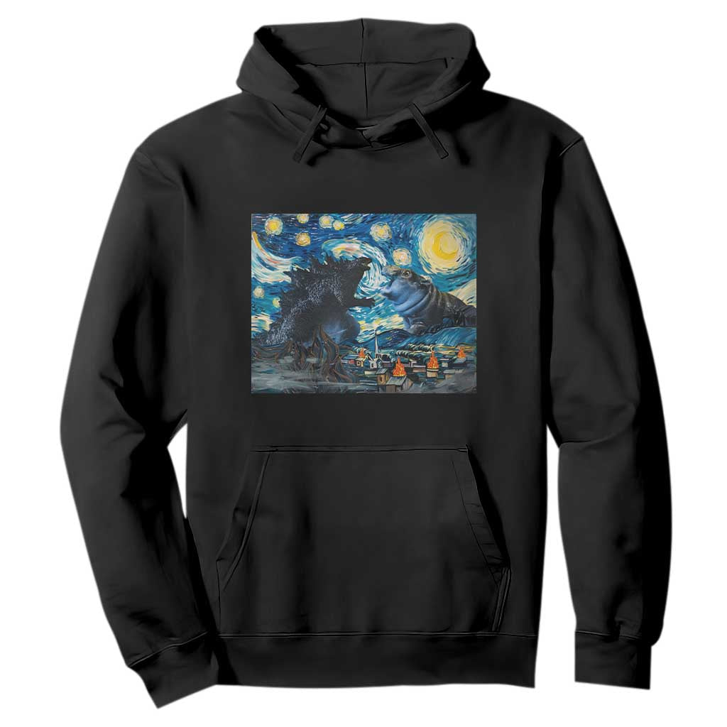 Godzilla Versus Moo Deng Hoodie Vintage Van Gogh Starry Night TS10 Black Print Your Wear