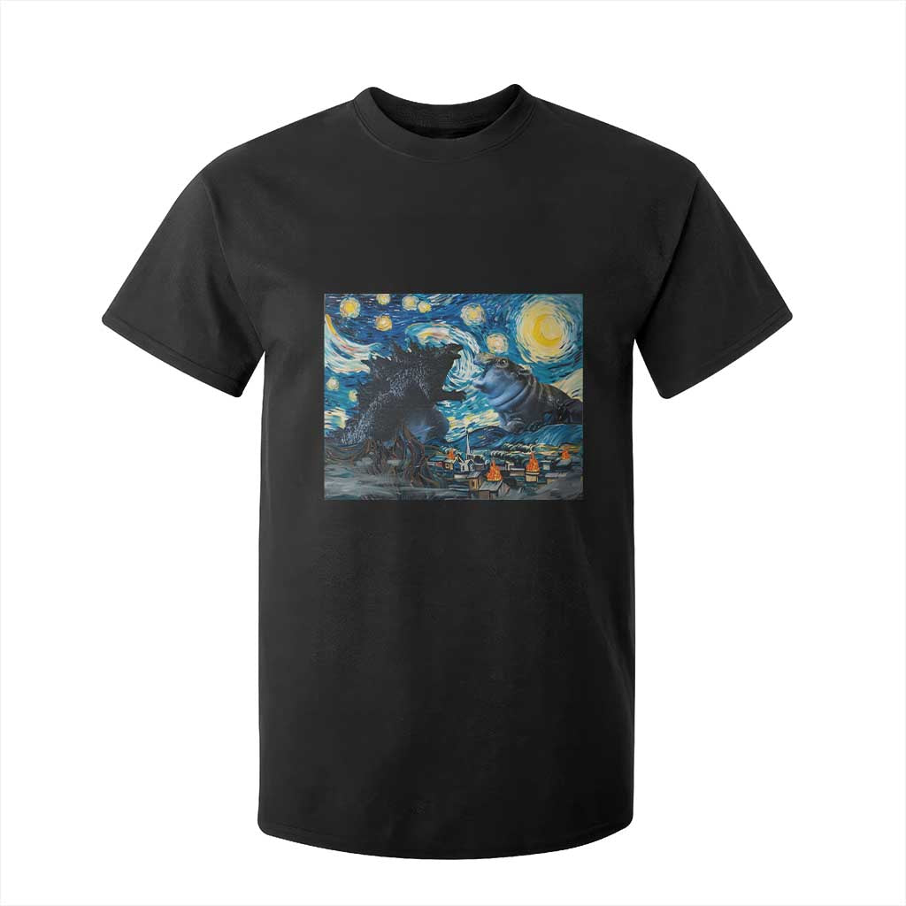 Godzilla Versus Moo Deng T Shirt For Kid Vintage Van Gogh Starry Night TS10 Black Print Your Wear