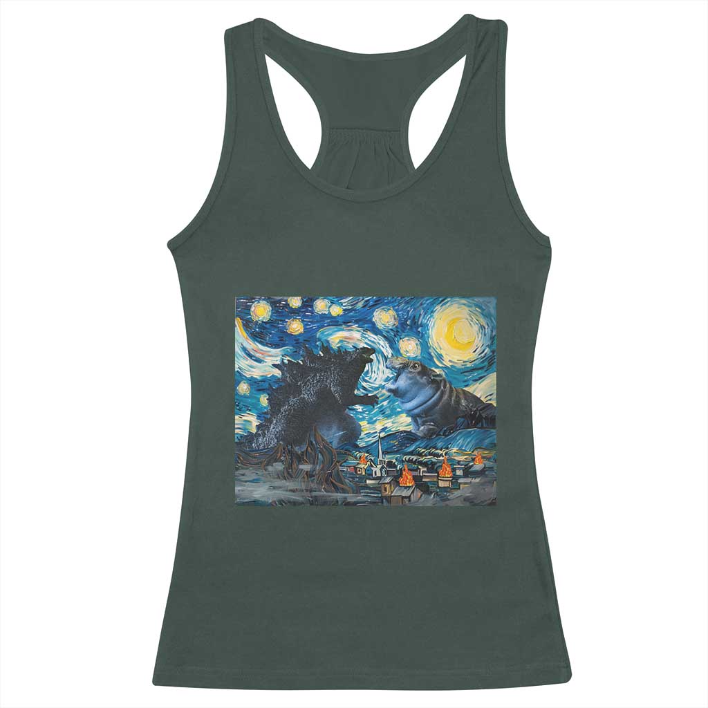 Godzilla Versus Moo Deng Racerback Tank Top Vintage Van Gogh Starry Night TS10 Dark Forest Green Print Your Wear
