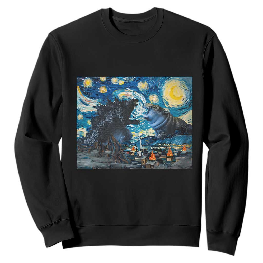Godzilla Versus Moo Deng Sweatshirt Vintage Van Gogh Starry Night TS10 Black Print Your Wear