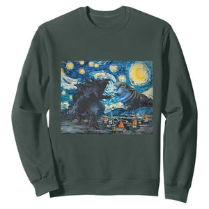 Godzilla Versus Moo Deng Sweatshirt Vintage Van Gogh Starry Night TS10 Dark Forest Green Print Your Wear