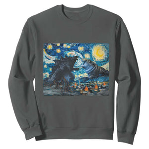 Godzilla Versus Moo Deng Sweatshirt Vintage Van Gogh Starry Night TS10 Dark Heather Print Your Wear