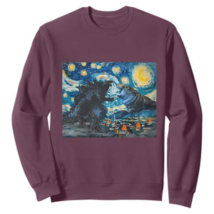 Godzilla Versus Moo Deng Sweatshirt Vintage Van Gogh Starry Night TS10 Maroon Print Your Wear