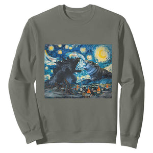 Godzilla Versus Moo Deng Sweatshirt Vintage Van Gogh Starry Night TS10 Military Green Print Your Wear