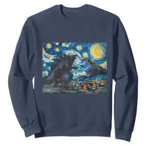Godzilla Versus Moo Deng Sweatshirt Vintage Van Gogh Starry Night TS10 Navy Print Your Wear