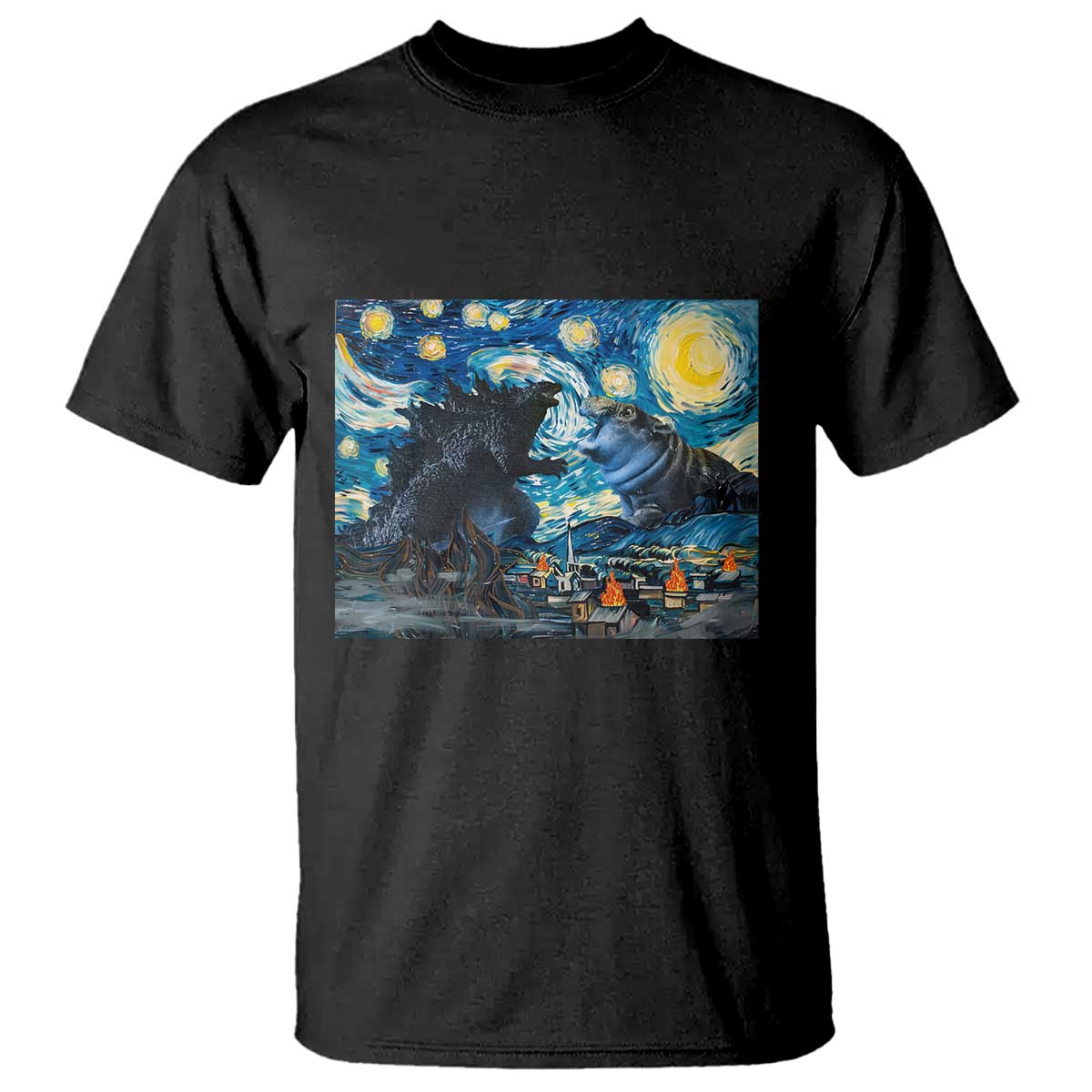 Godzilla Versus Moo Deng T Shirt Vintage Van Gogh Starry Night TS10 Black Print Your Wear