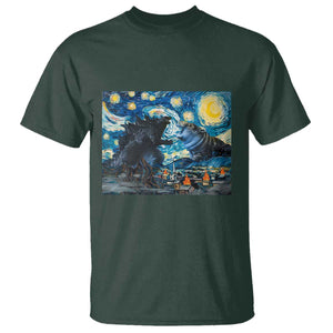 Godzilla Versus Moo Deng T Shirt Vintage Van Gogh Starry Night TS10 Dark Forest Green Print Your Wear