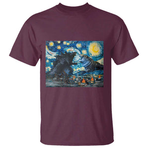 Godzilla Versus Moo Deng T Shirt Vintage Van Gogh Starry Night TS10 Maroon Print Your Wear