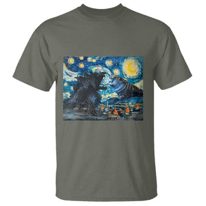 Godzilla Versus Moo Deng T Shirt Vintage Van Gogh Starry Night TS10 Military Green Print Your Wear