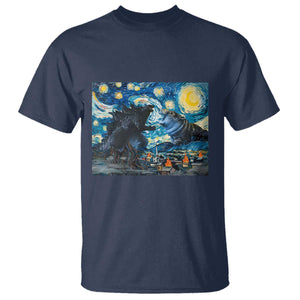 Godzilla Versus Moo Deng T Shirt Vintage Van Gogh Starry Night TS10 Navy Print Your Wear