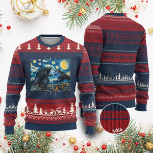 Godzilla Versus Moo Deng Ugly Christmas Sweater Vintage Van Gogh Starry Night TS10 Burgundy Print Your Wear