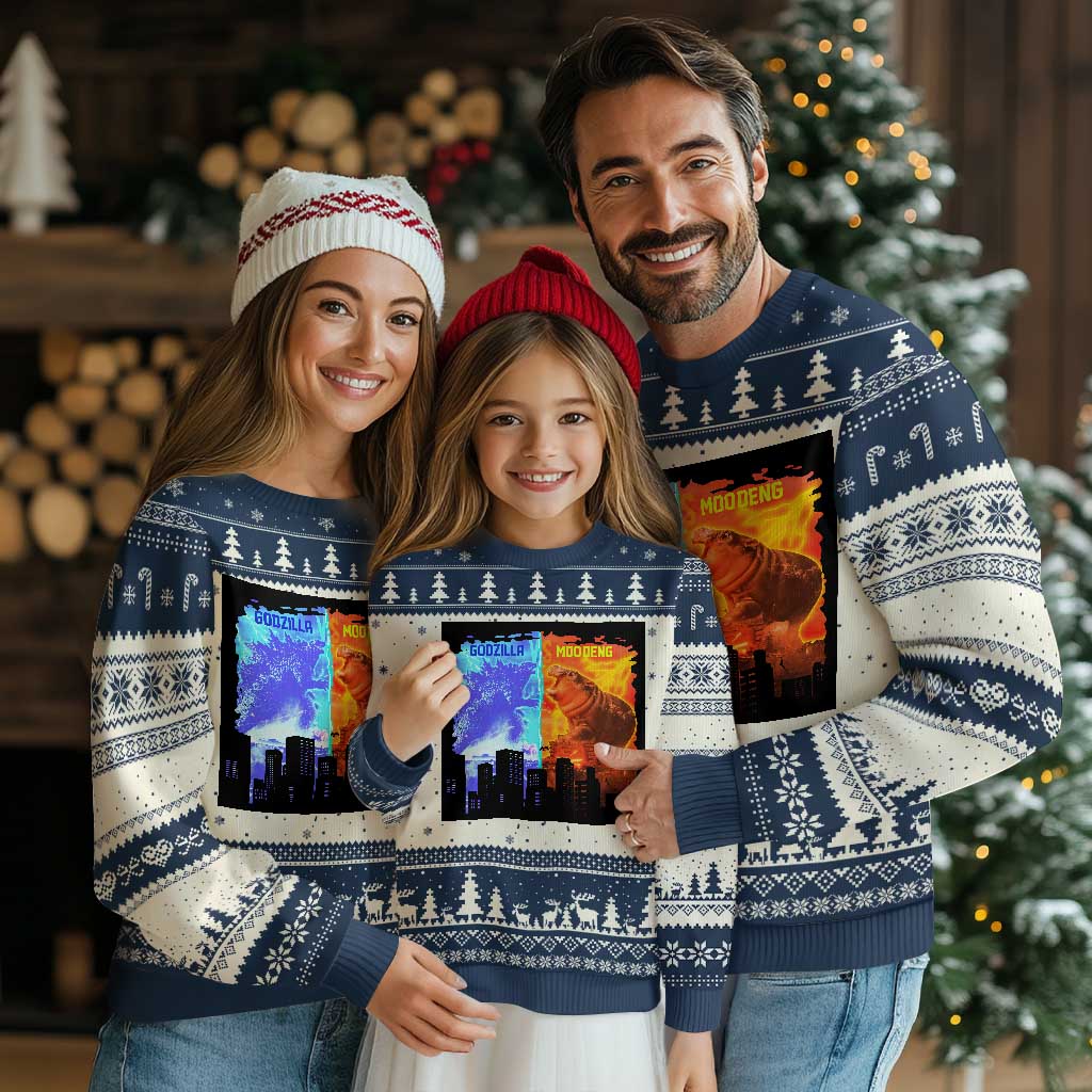 Godzilla Versus Moo Deng Ugly Christmas Sweater TS10 Navy Print Your Wear