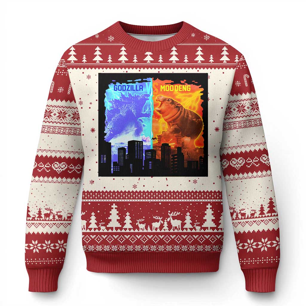 Godzilla Versus Moo Deng Ugly Christmas Sweater TS10 Red Print Your Wear