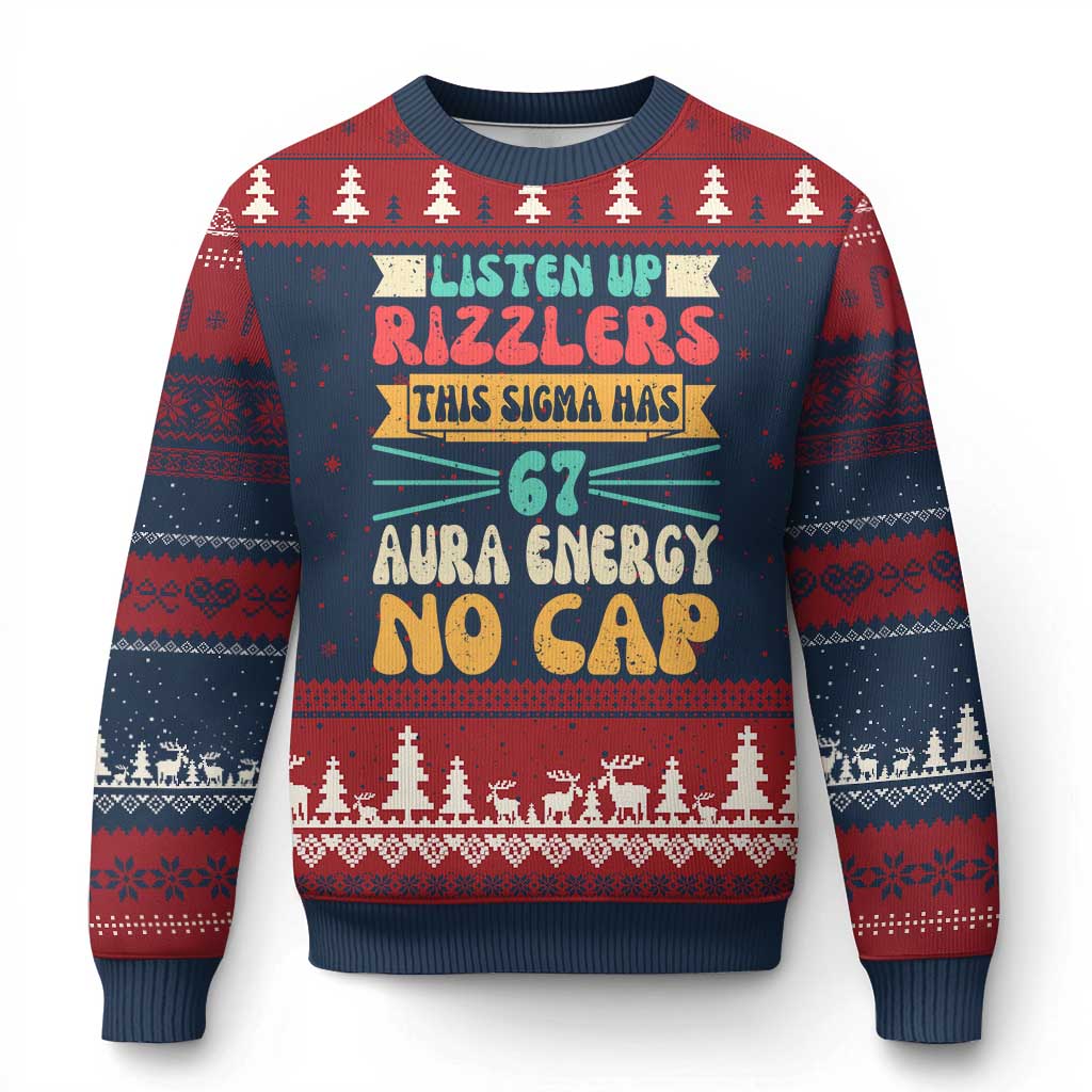 Listen Up Rizzlers This Sigma Has 67 Aura Energy Six Seven Ugly Christmas Sweater TS10 Navy Red Print Your Wear
