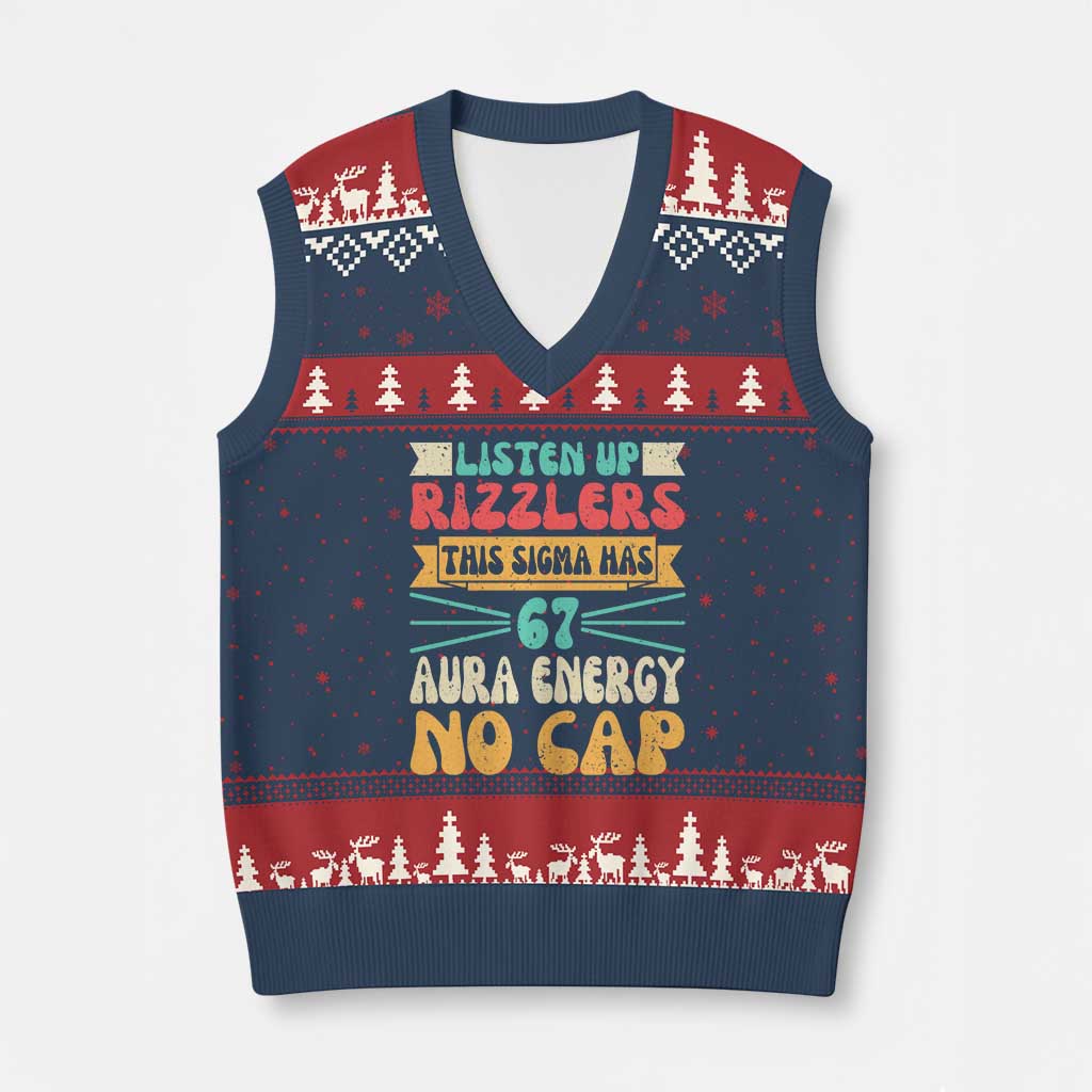 Listen Up Rizzlers This Sigma Has 67 Aura Energy Six Seven V-Neck Knit Sweater Vest TS10 Navy Red Print Your Wear