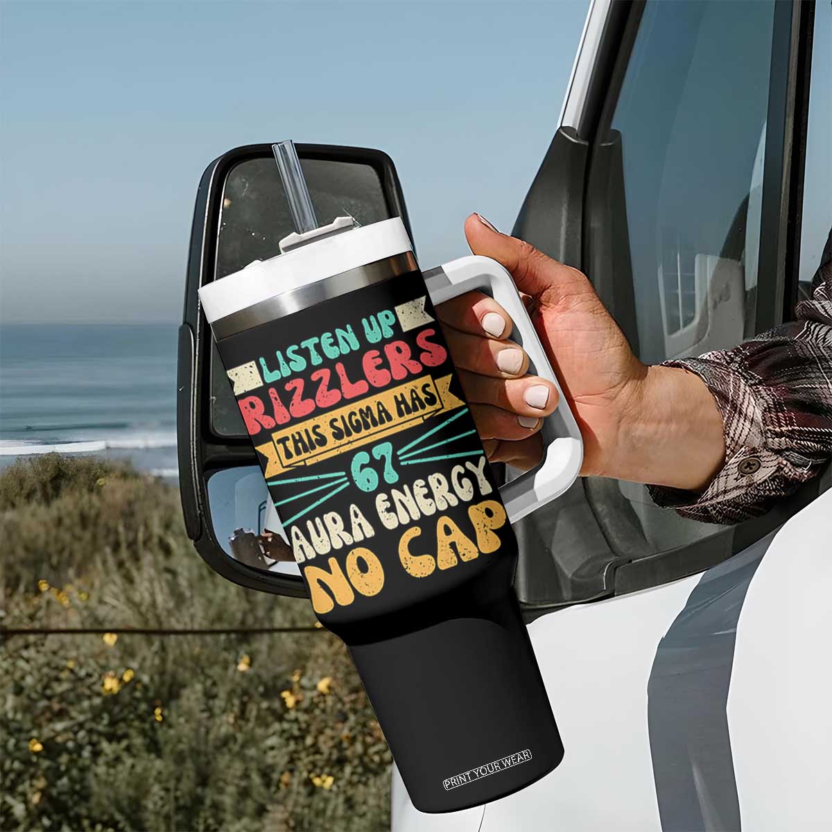 Listen Up Rizzlers This Sigma Has 67 Aura Energy Six Seven Tumbler With Handle TS10 Print Your Wear