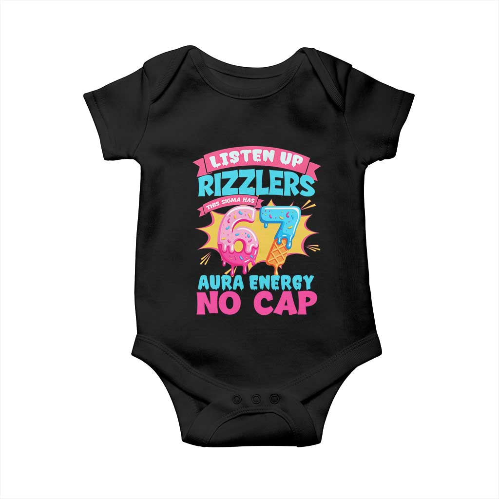 Listen Up Rizzlers This Sigma Has 67 Aura Energy Six Seven Baby Onesie Baseball Drip Number 67 TS10 Black Print Your Wear