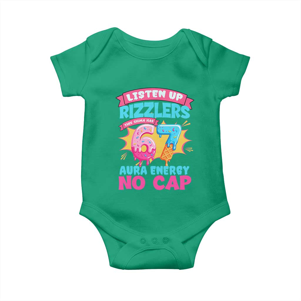 Listen Up Rizzlers This Sigma Has 67 Aura Energy Six Seven Baby Onesie Baseball Drip Number 67 TS10 Irish Green Print Your Wear