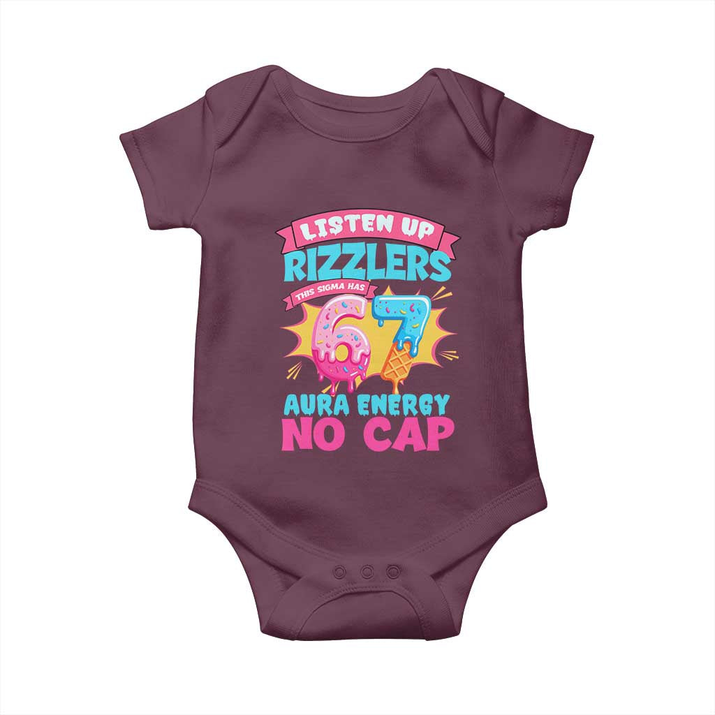 Listen Up Rizzlers This Sigma Has 67 Aura Energy Six Seven Baby Onesie Baseball Drip Number 67 TS10 Maroon Print Your Wear