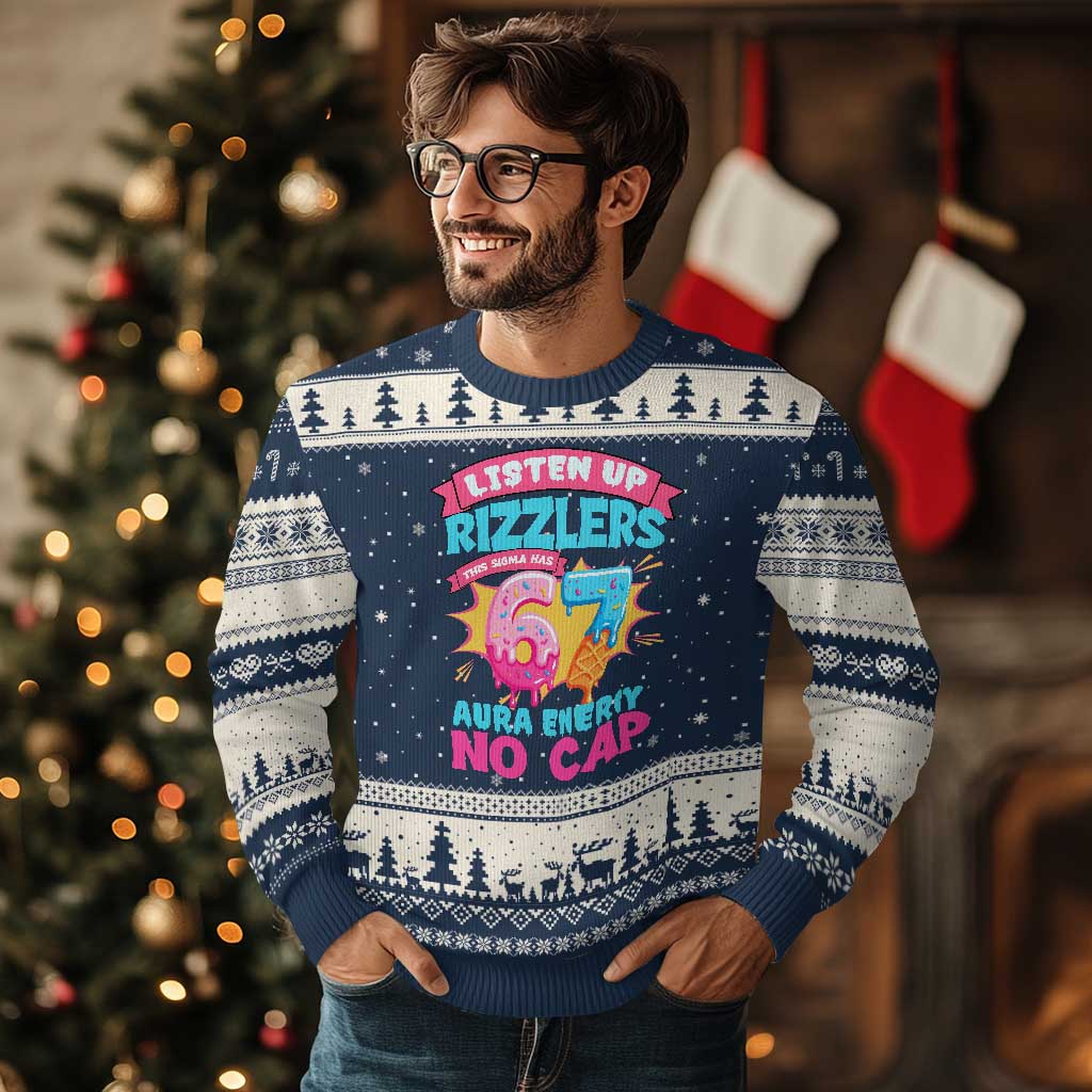 Listen Up Rizzlers This Sigma Has 67 Aura Energy Six Seven Ugly Christmas Sweater Baseball Drip Number 67 TS10 Navy Beige Print Your Wear