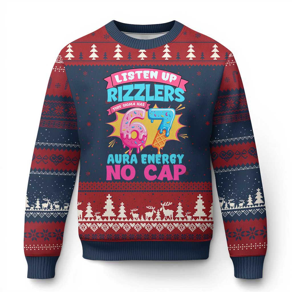 Listen Up Rizzlers This Sigma Has 67 Aura Energy Six Seven Ugly Christmas Sweater Baseball Drip Number 67 TS10 Navy Red Print Your Wear